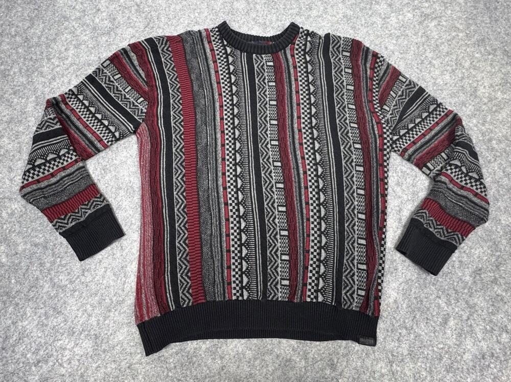 Hollister Sweater Boxy Striped Crewneck Textured Knit Sz L Black/red/gray